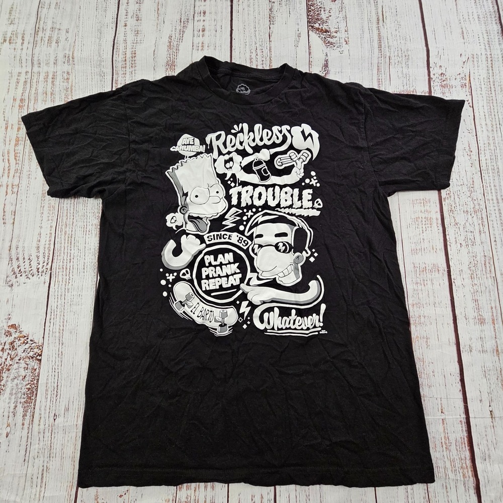 Bart Simpson Reckless Trouble Black Short Sleeve‎ Cotton T-Shirt Men's L